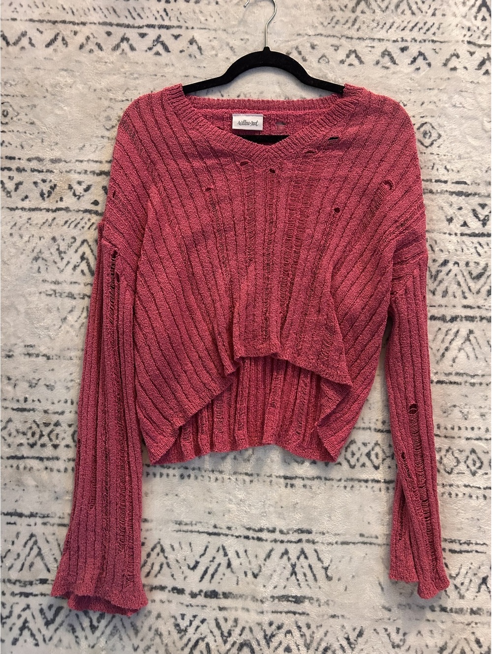 Willow & Root Pink Distressed Ribbed Knit Sweater
